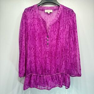 Jones New York Sheer Magenta Snakeskin Print Long Sleeve Popover V Neck Top